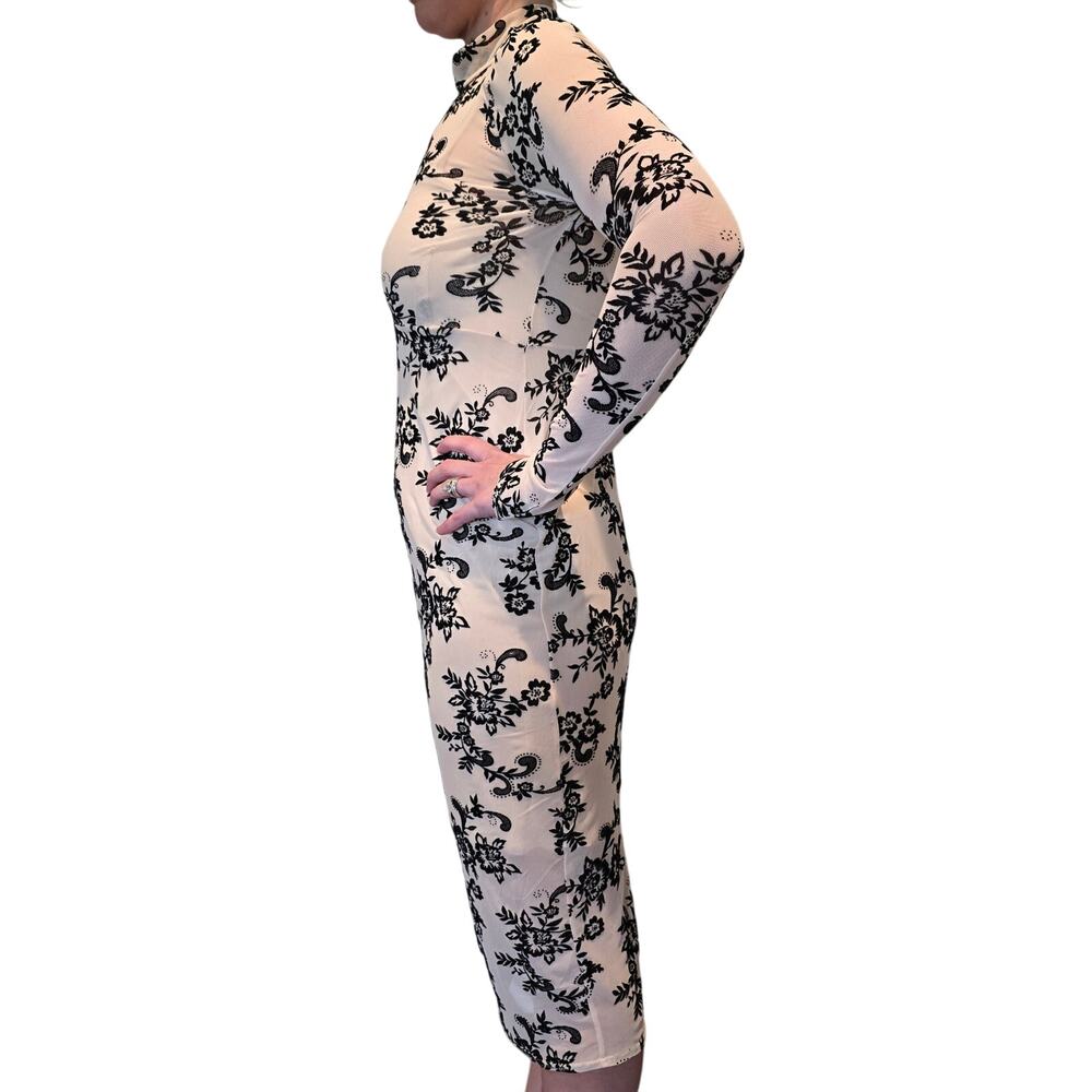 Women's Asos Cream & Black Paisley Sheer Bodycon Midi Turtleneck Dress | Size 6 - Picture 2 of 11